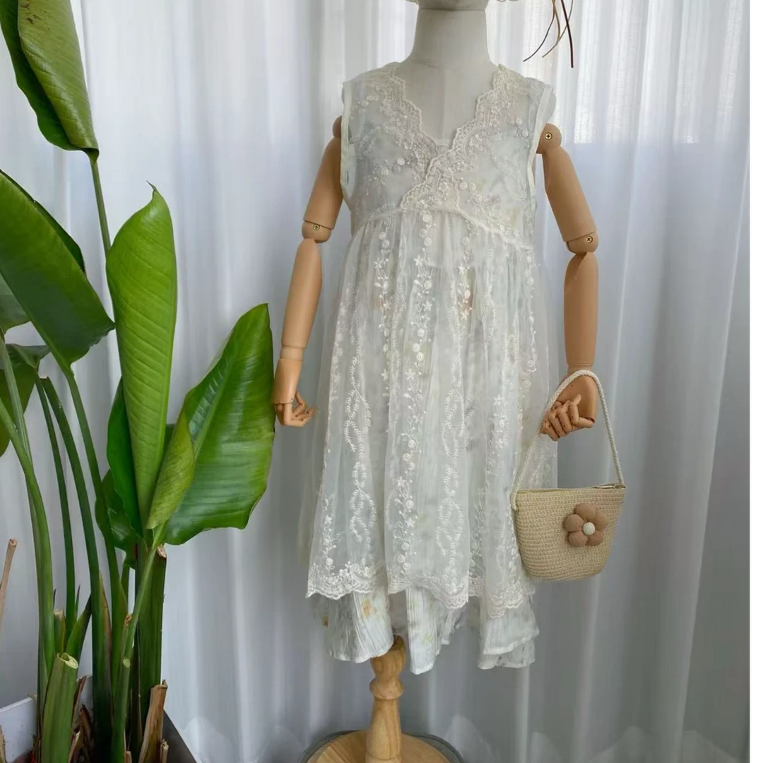 女童法式碎花白色吊带连衣裙蕾丝罩衫两件套夏季度假风时尚洋气