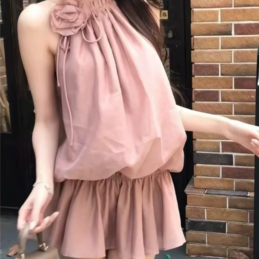 【天鹅挽歌】设计感露肩抽绳小众花朵网纱无袖挂脖上衣女气质韩版