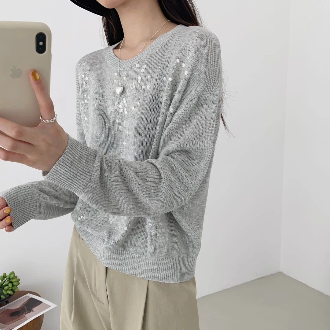 【素简.960190】春款上新天爽亚麻亮片圆领红人上新混纺针织衫