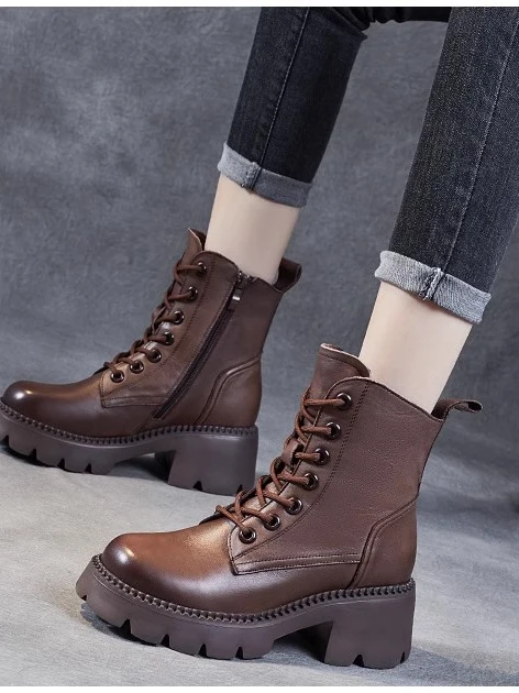 英伦风冬季纯色马丁靴秋冬百搭加绒女靴秋季圆头系带时尚