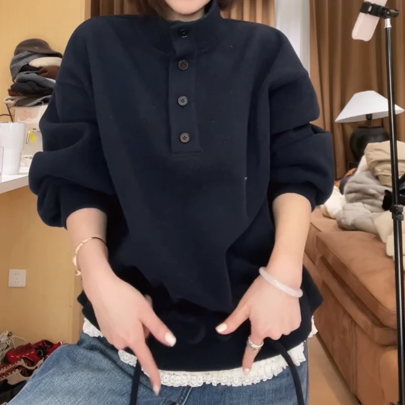 冬季韩版冬款极简百搭四粒扣抽绳下摆撞色卫衣LK2509113