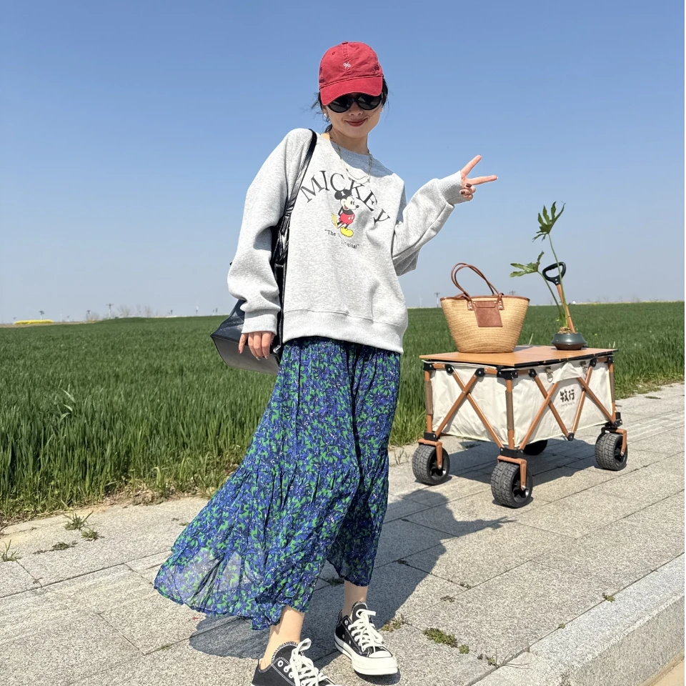 法式复古碎花百褶裙雪纺半身裙春秋小个子高腰a字显瘦遮胯裙子女