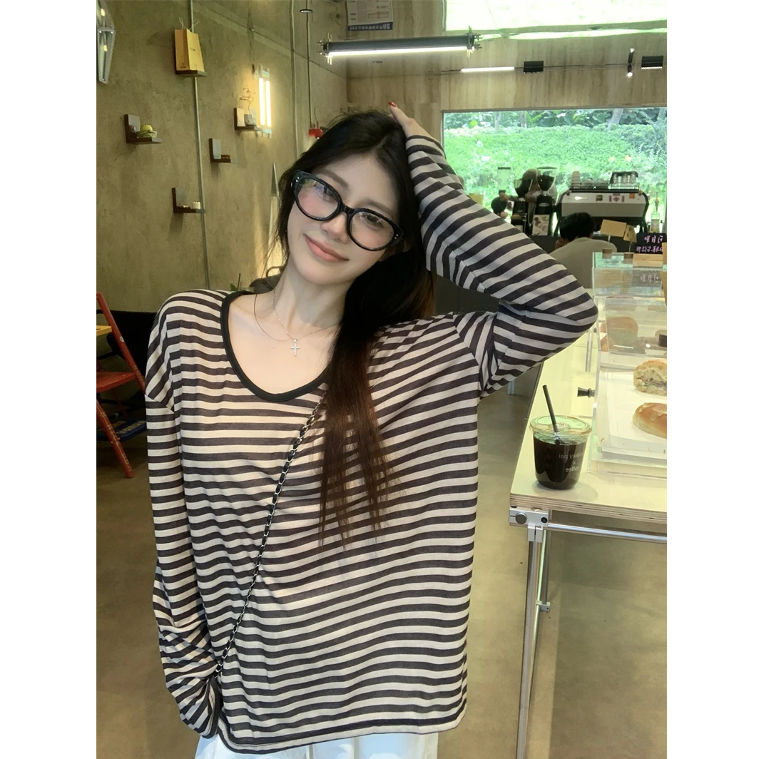 条纹防晒罩衫长袖T恤女夏慵懒风V领宽松薄款休闲上衣