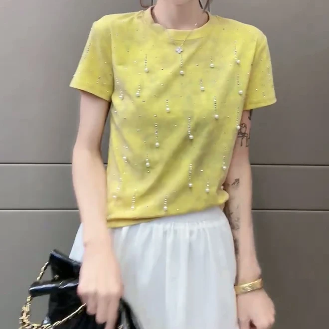 重工钉珠圆领正肩短袖女t恤2025夏季宽松独特漂亮初夏小上衣5010