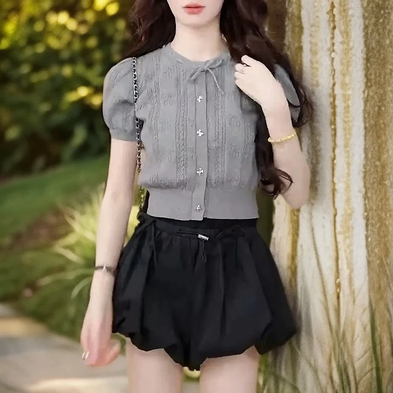 上衣纯色甜美高腰洋气薄款气质毛针织衫修身型荷叶边短袖短款