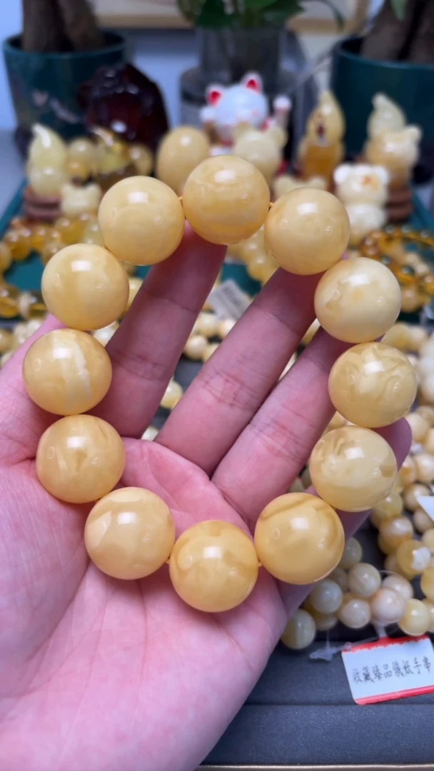手串琥珀未镶嵌p23精品白花蜡氧化手串 66.82克 21mm