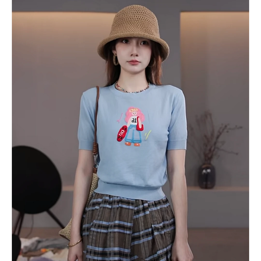 【LIbaibai】2025年新款刺绣短款针织短袖上衣BB-2529