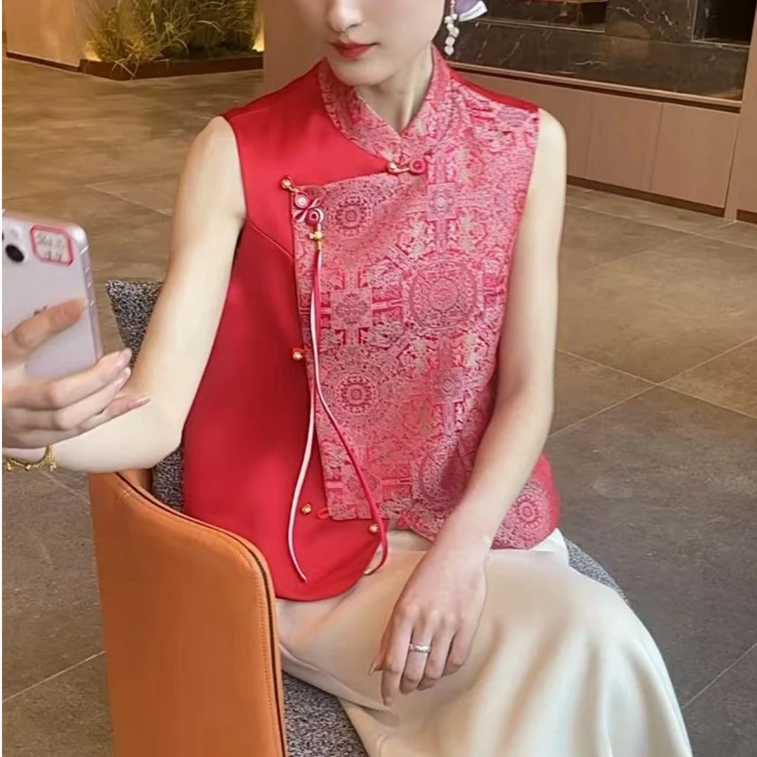 复古春季绣花立领洋气夏季免烫厚款中式马夹时尚单排扣斜襟