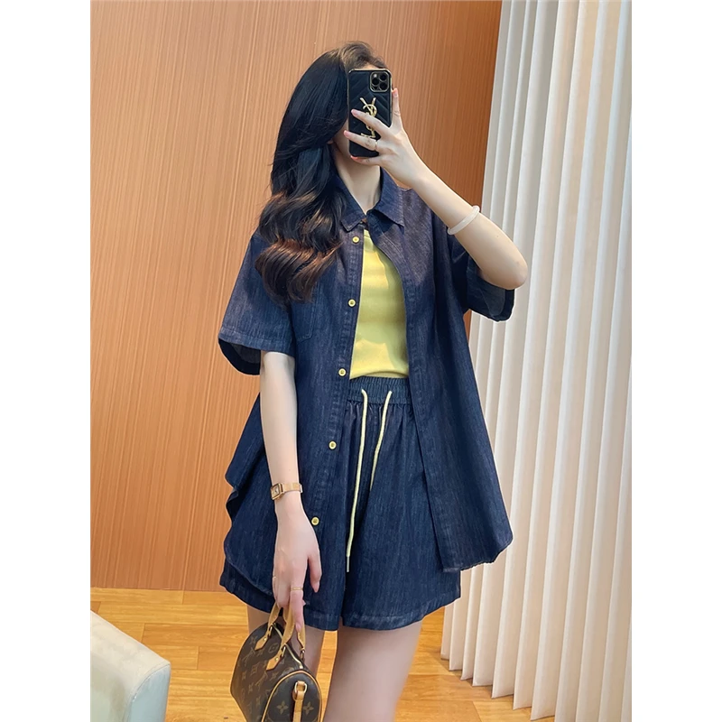 复古港风牛仔套装女夏季2025新款时尚休闲气质衬衫T恤短裤三件套