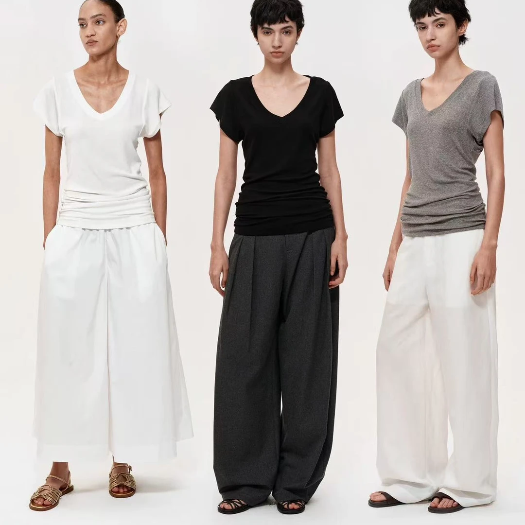 桑蚕丝2025夏季新款堆叠中长款四色经典基础款v领t恤DD8625