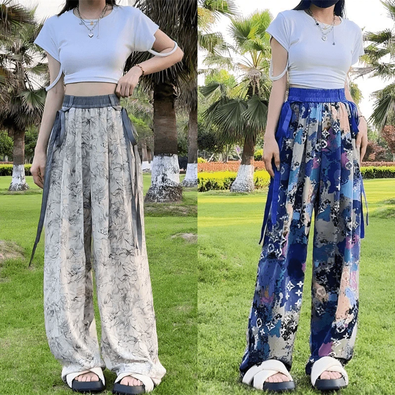 新品~阔腿裤女高腰垂感夏季薄款宽松直筒拖地休闲凉凉冰丝裤