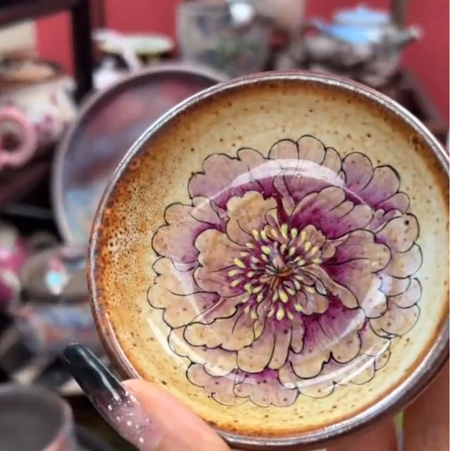 手绘牡丹志陶瓷野普洱杯仿古主人杯全手工柴烧个人专用高档茶杯