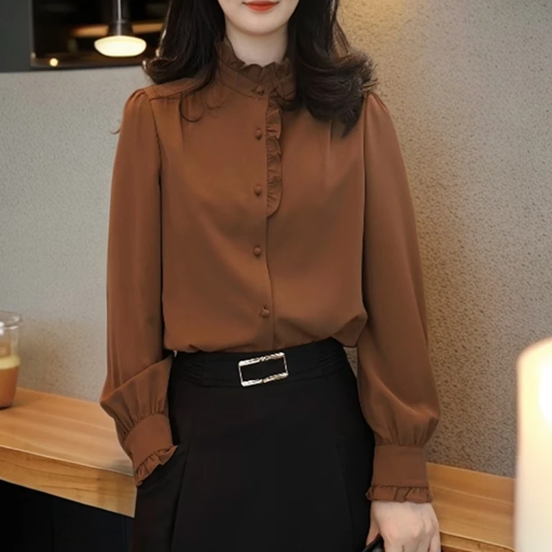 2025秋季新款时尚百搭减龄棕色长袖衬衣大码女装胖MM宽松显瘦上衣