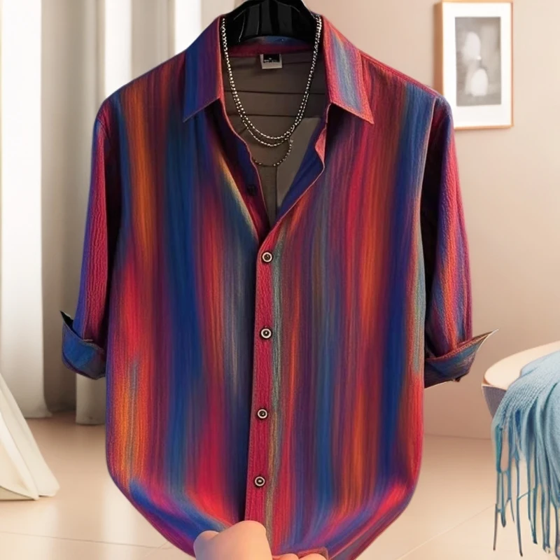 夏季潮流时尚百搭痞帅休闲半袖衬衣高级条纹网红衬衫男衬衫男士