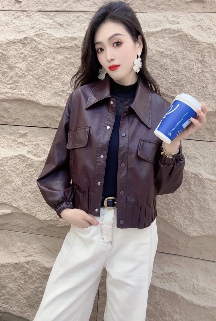 yipinyuxi/依品羽茜显瘦韩版洋气常规上衣宽松型短款皮衣皮夹克
