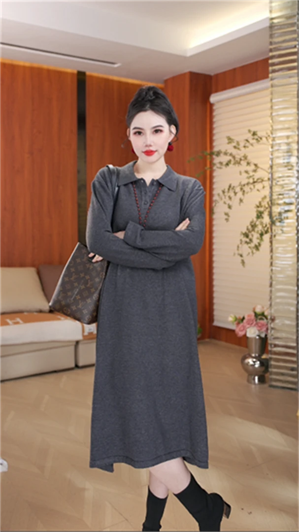 春夏新款重磅加厚季宽松保暖气质洋气长袖毛衣连衣裙-6981#