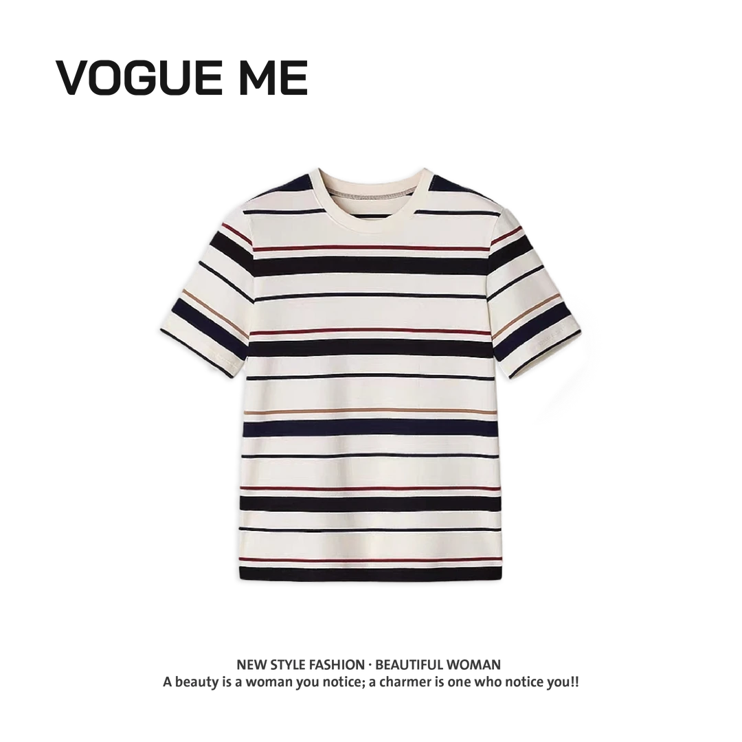 【禾】夏季新款条纹T恤百搭修身半袖休闲条纹针织衫-ZH05612