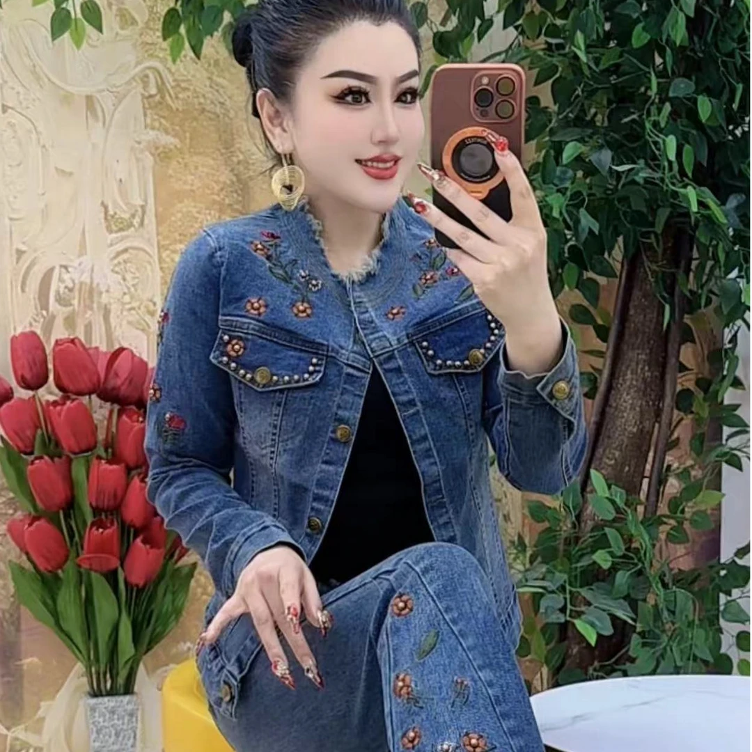 025 重工刺绣印花潮款网红时尚外套+裤子两件套