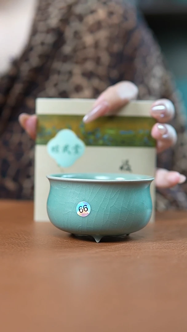 瓷片仿古翡翠绿釉小炉式杯一级礼盒