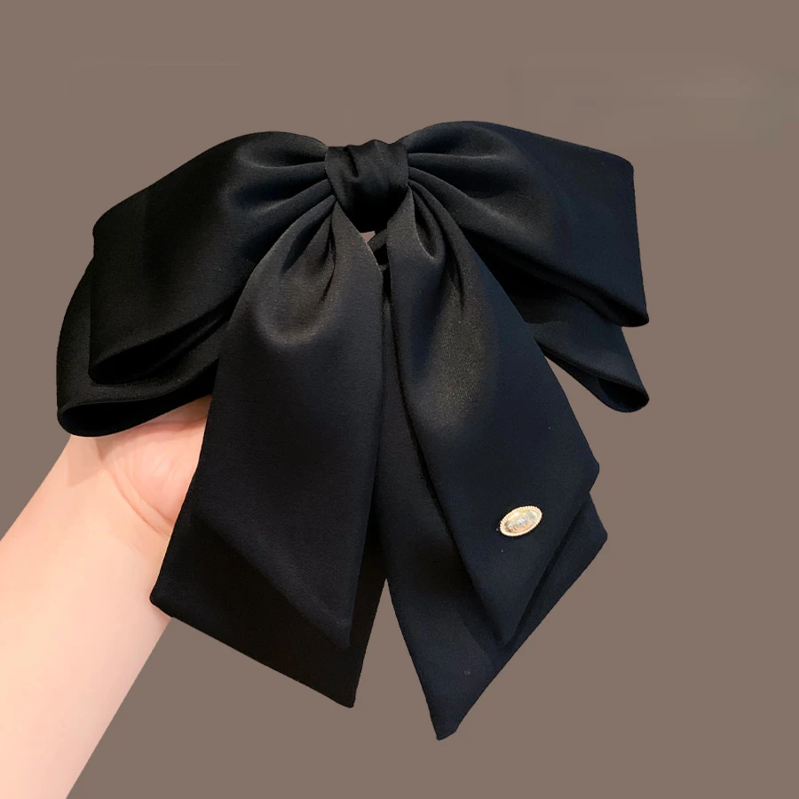 缎面高级感黑色蝴蝶结马尾抓夹法式气质金标字母盘发顶夹半扎发卡