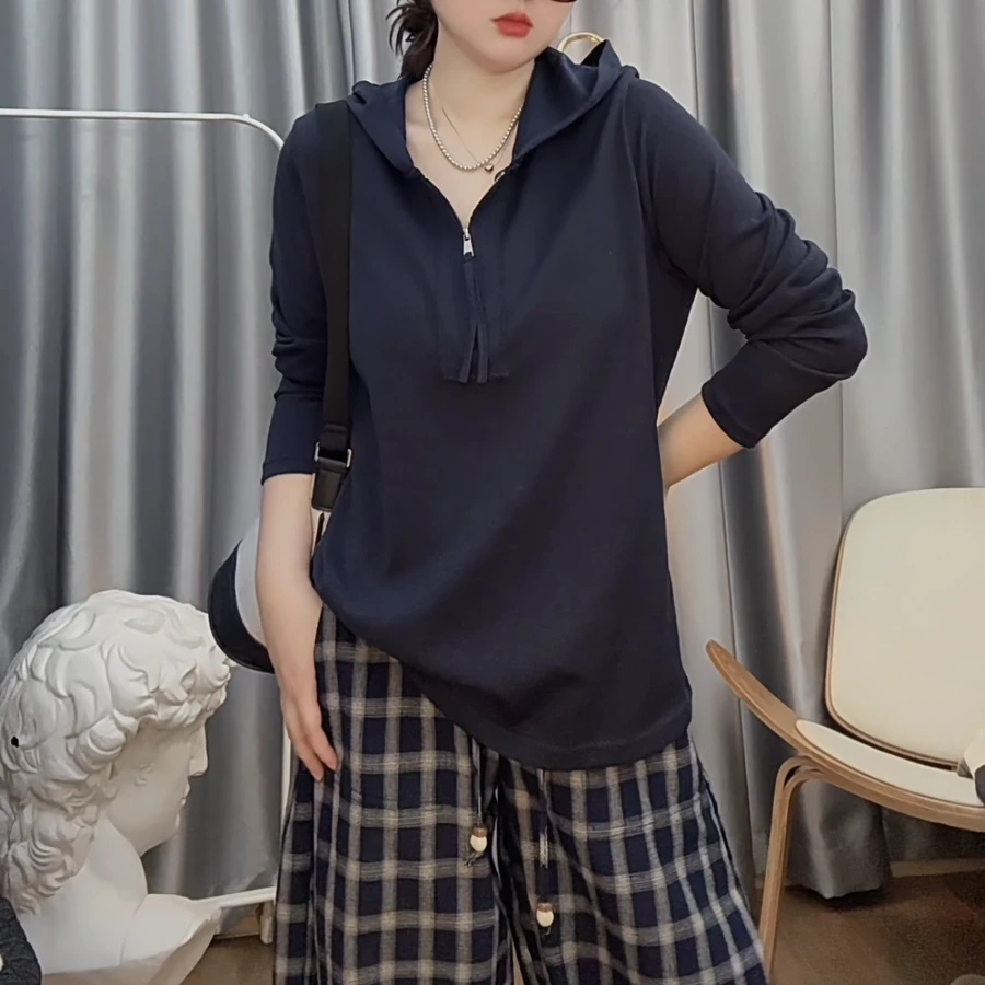 米小米/连帽女长袖半拉链纯色长袖卫衣百搭春秋时尚宽松休闲洋气