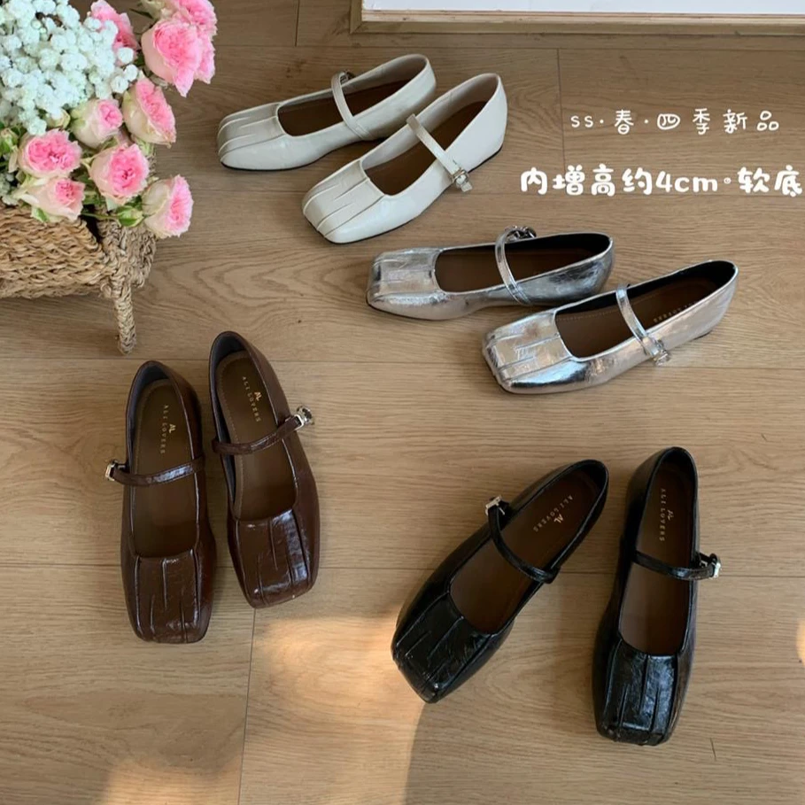 法式复古内增高一字带浅口玛丽珍鞋配裙子百搭褶皱单鞋456-5