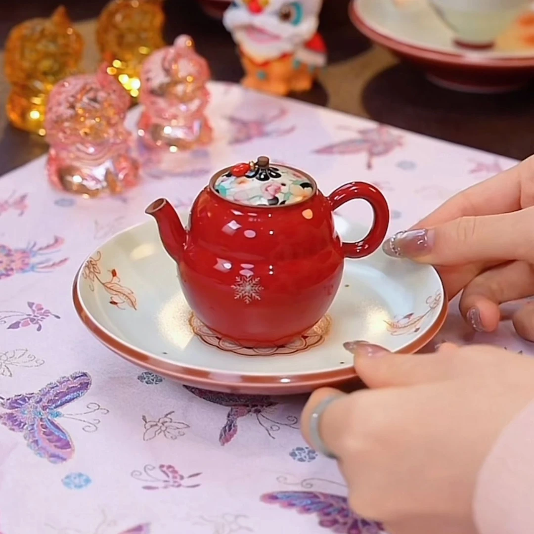 三秋月2手绘雪梅争春红色壶 景德镇手绘紫砂土手工绘画高温烧制壶