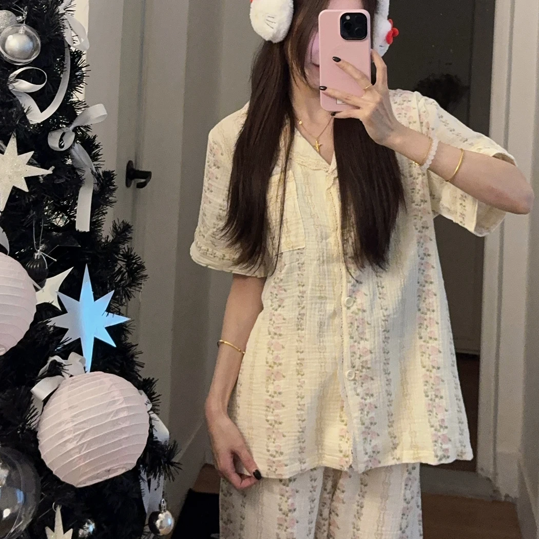 韩系碎花夏季纯棉纱布睡衣女款甜美短袖短裤长裤可外穿家居服套装