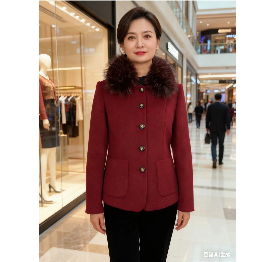 艾诺唯尔 羊毛呢冬季加厚毛领新款可拆卸翻领短款女装外套[533]