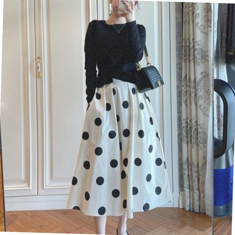 裙子套装2025秋季新款法式复古口袋伞裙优雅气质高腰波点半身裙女