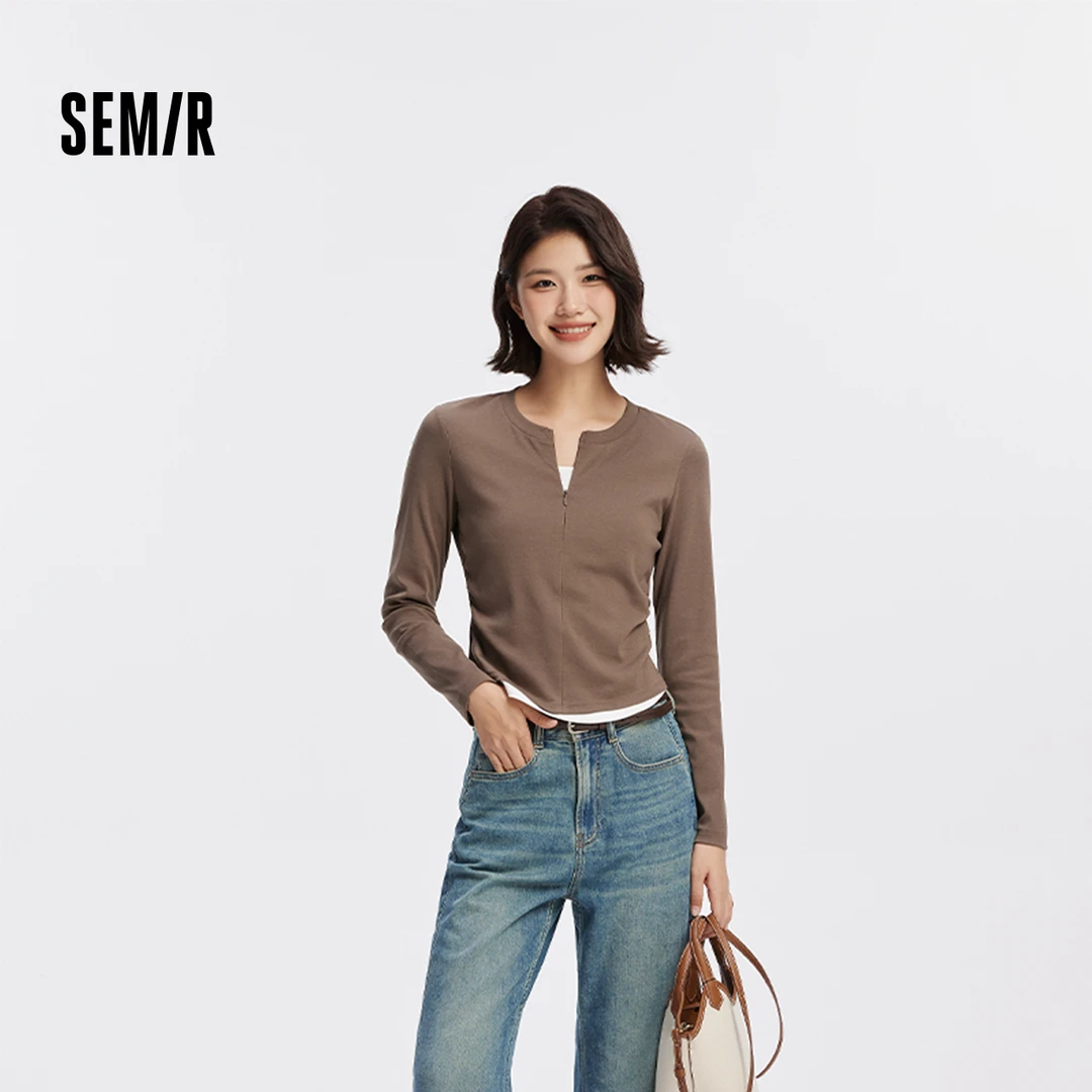 流光风|【商场同款】森马长袖T恤|女款短款衣服2025新款修身假两件