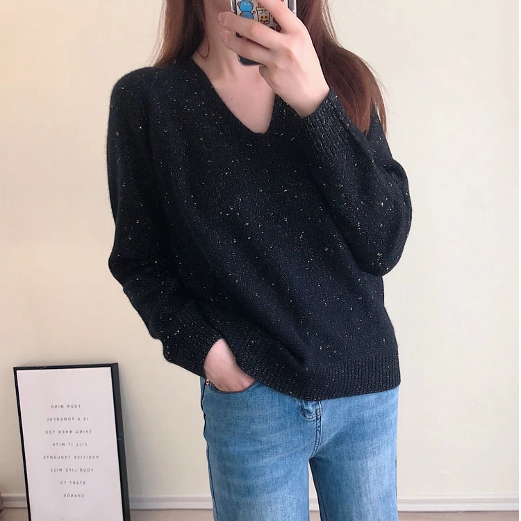 「繁星 白夜」兔毛V领亮片秋冬保暖内搭打底女长袖针织毛衫MS244206