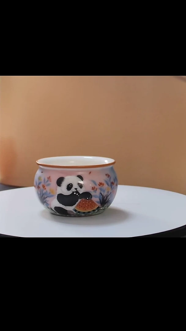 主人杯铁骨王文油冻彩熊猫风水缸主人杯礼盒装
