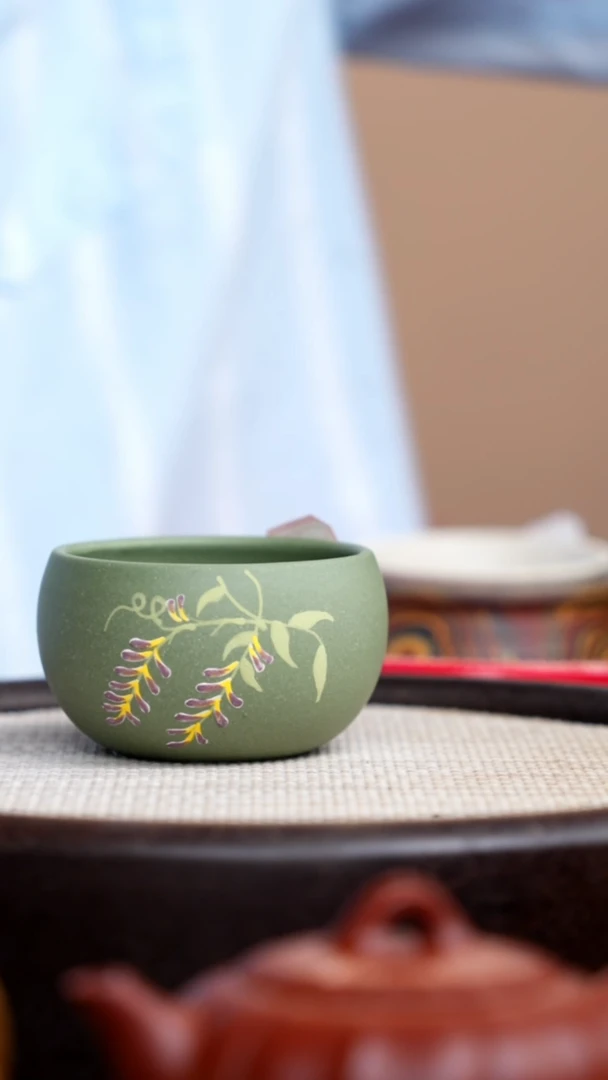 茶壶紫砂豆青砂主人杯紫藤花