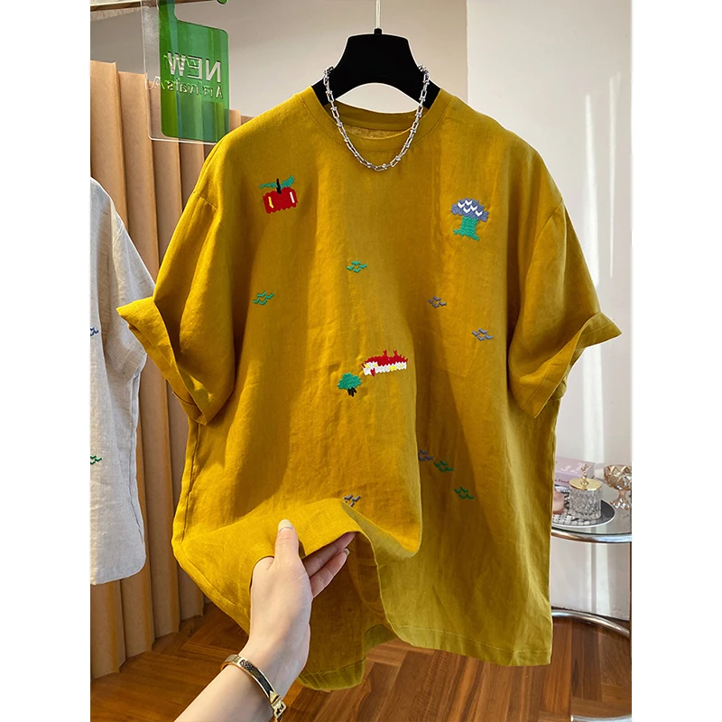 新中式高端百搭2025新款今年流行宽松套头刺绣短袖t恤夏