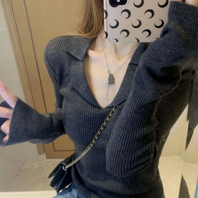 女装韩版毛衣2025秋冬新款V领长袖纯色打底衫T恤女