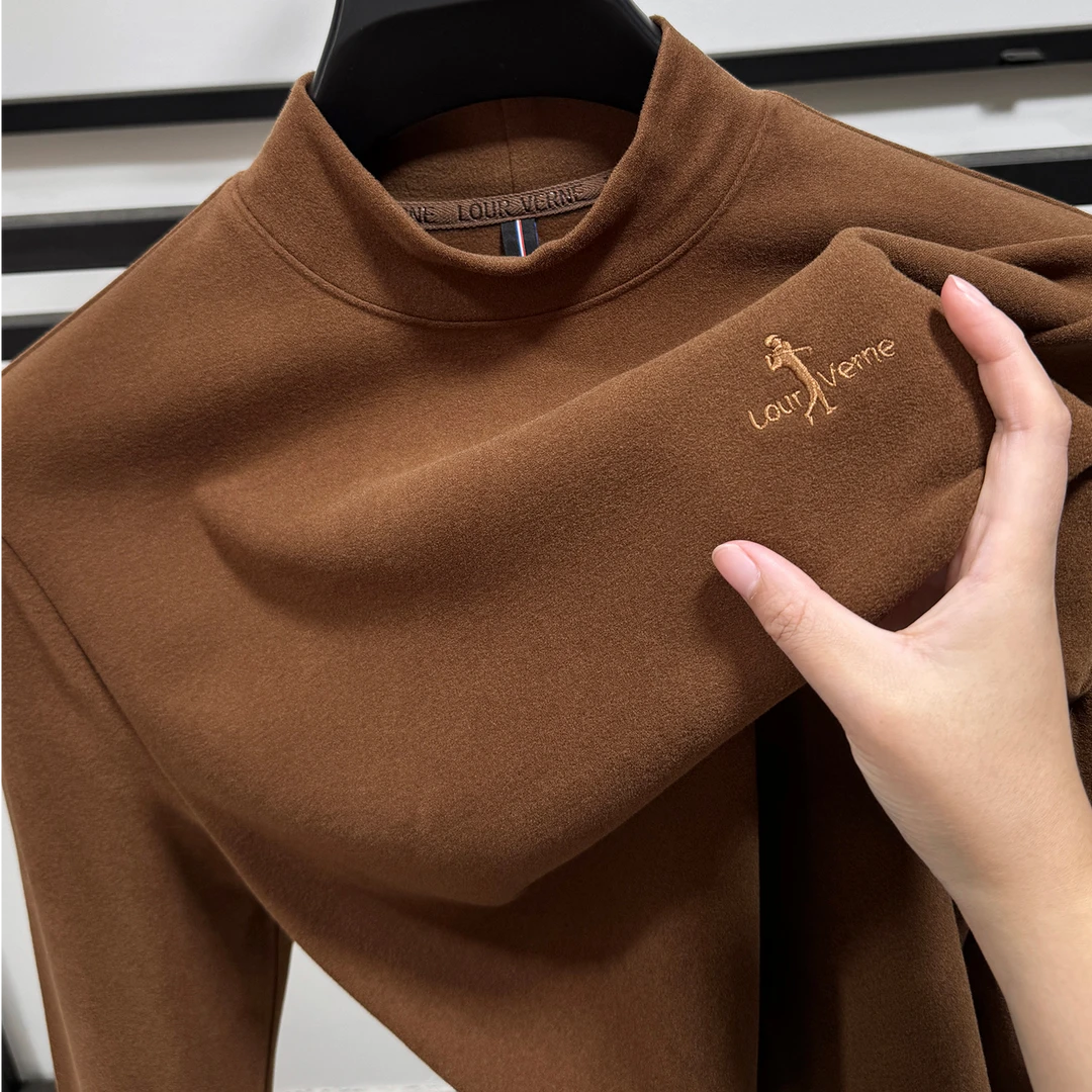 in cotton sea高端双面德绒打底衫男士冬季刺绣内搭磨毛长袖t恤