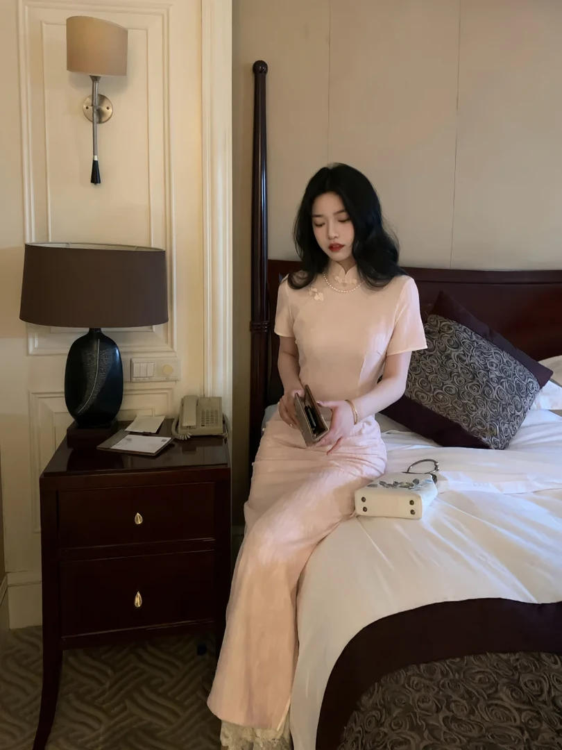 （京妙）125长单层短袖后拉链旗袍修身改良年轻日常穿春夏季少女