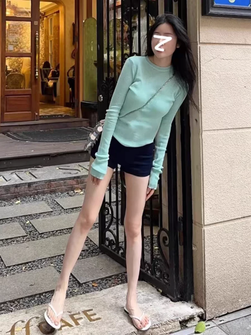 纯色春夏新款少女心薄荷绿性感微透薄款针织衫长袖T恤女上衣