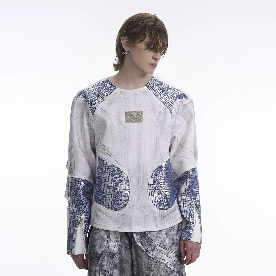 STARTEXCEEDEND 原创擦色做旧鳞片长袖T恤男春款金属LOGO重磅内搭