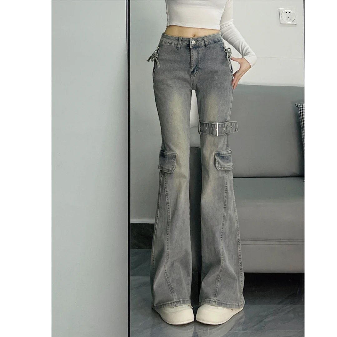 微喇叭牛仔裤女加绒秋冬小众洋气设计系带皮带拼接工装高腰长裤子