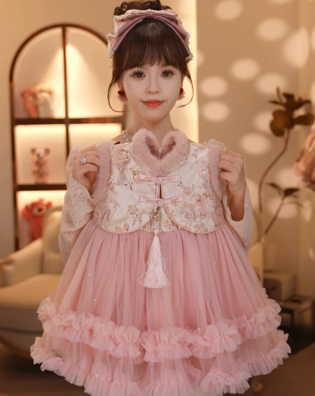 【现货】【Y.a8393】新款女宝加厚网纱背心裙加厚套装保暖秋冬儿童