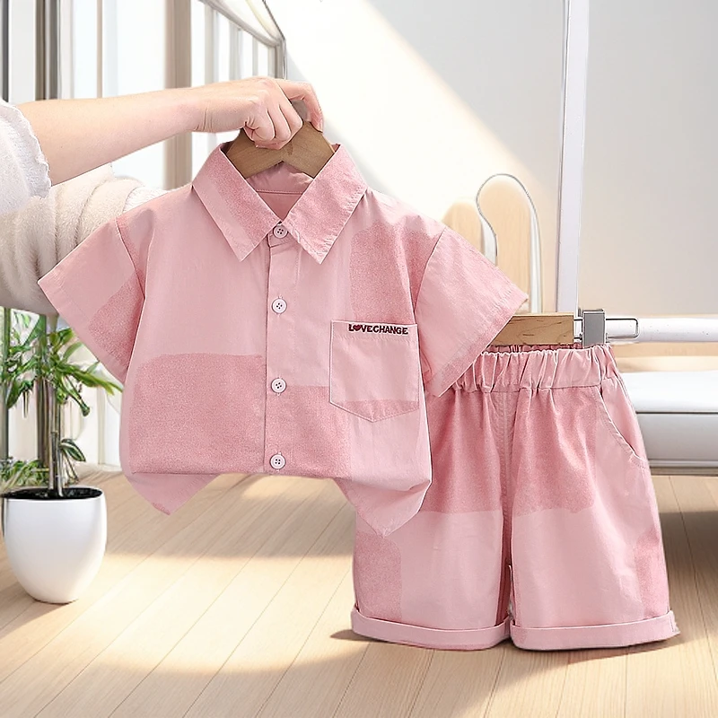 【两件套】男女宝夏季纯棉学院风翻领衬衫短袖短裤高品质织里童装潮