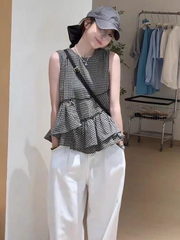 韩系甜美荷叶边格子娃娃衫衬衣女2025夏季宽松显瘦小个子无袖上衣