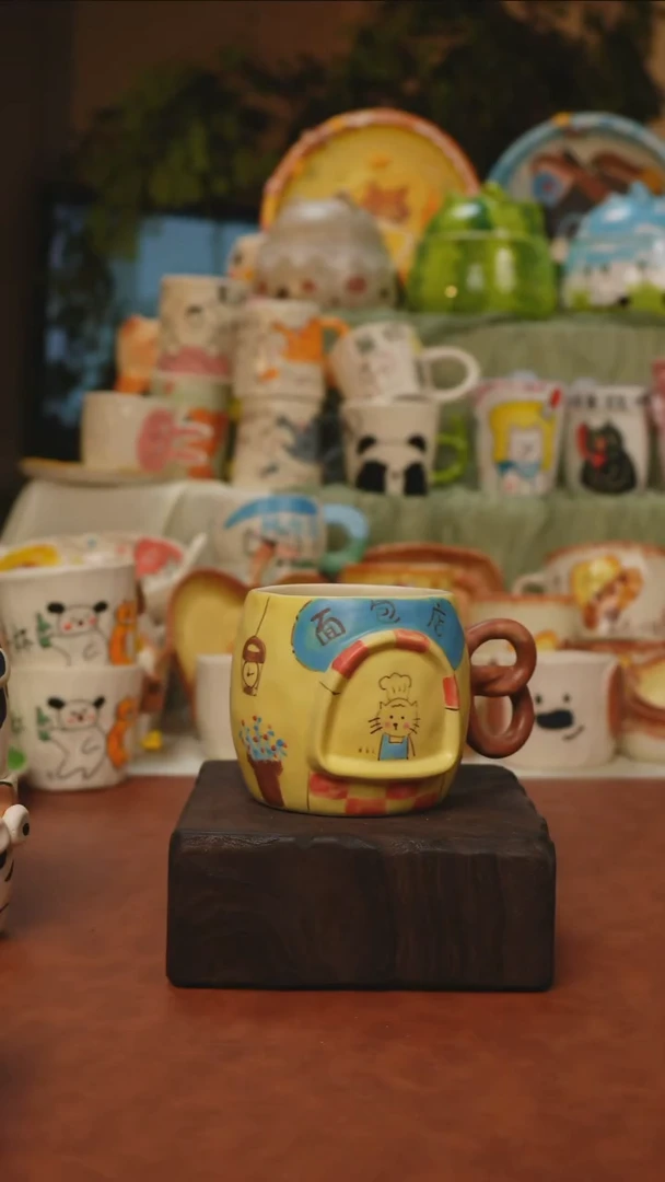 摆件景德镇一休瓷屋 小猫厨师咖啡杯