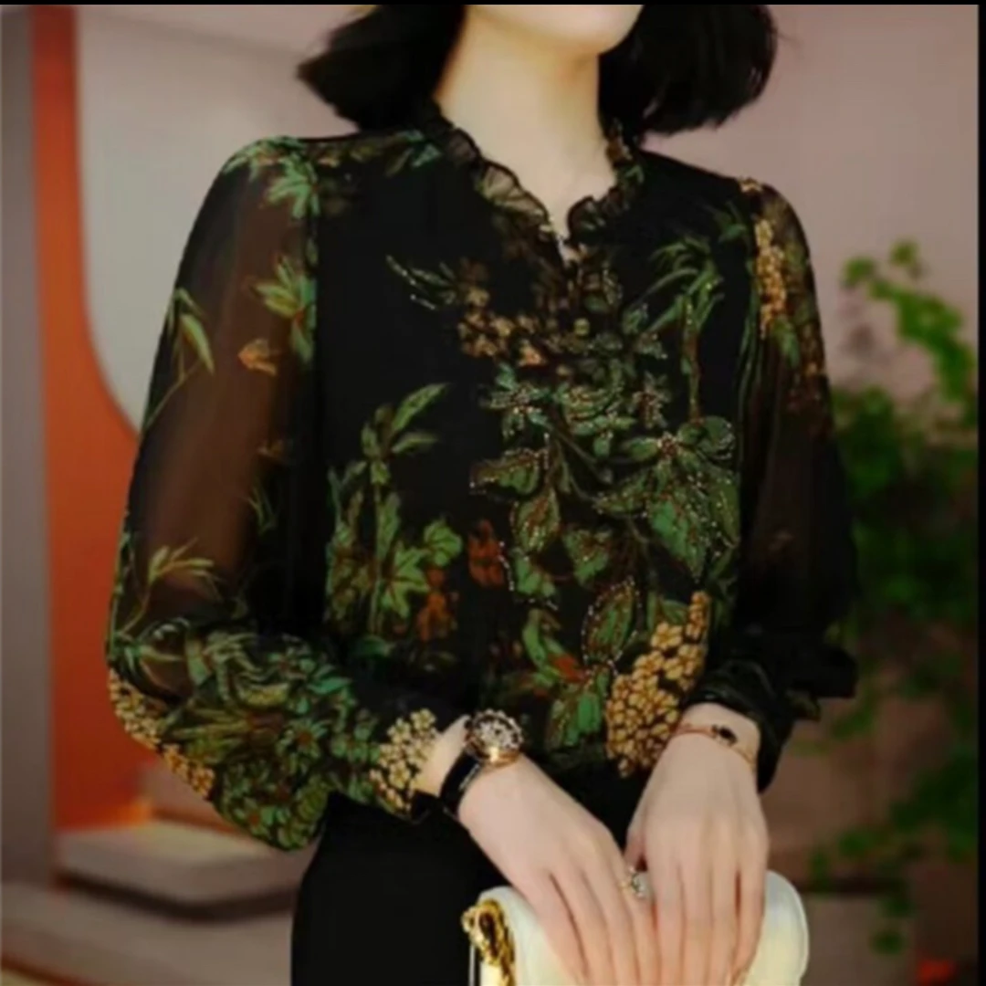 【春夏】新款时尚气质印花女衬衫减龄显瘦设计感舒适透气小衫上衣