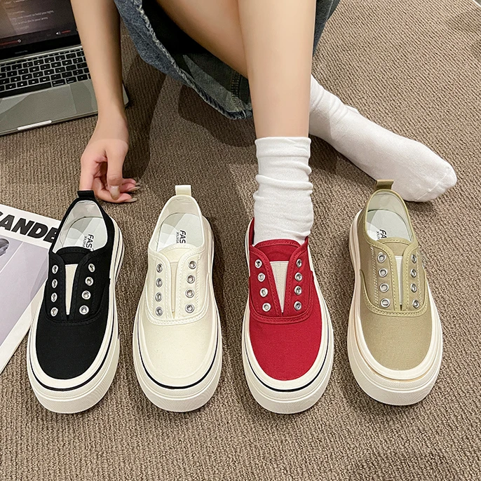 复古小众帆布鞋女圆头厚底纯色休闲板鞋低帮百搭小白鞋