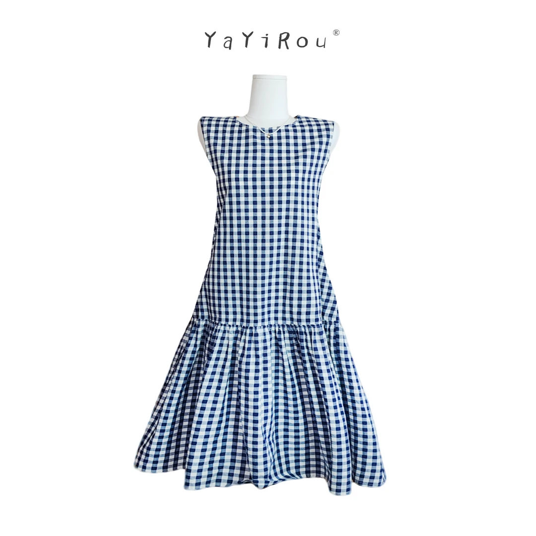 Yayirou-蓝白格纹背心鱼尾裙法式复古棉质连衣裙121