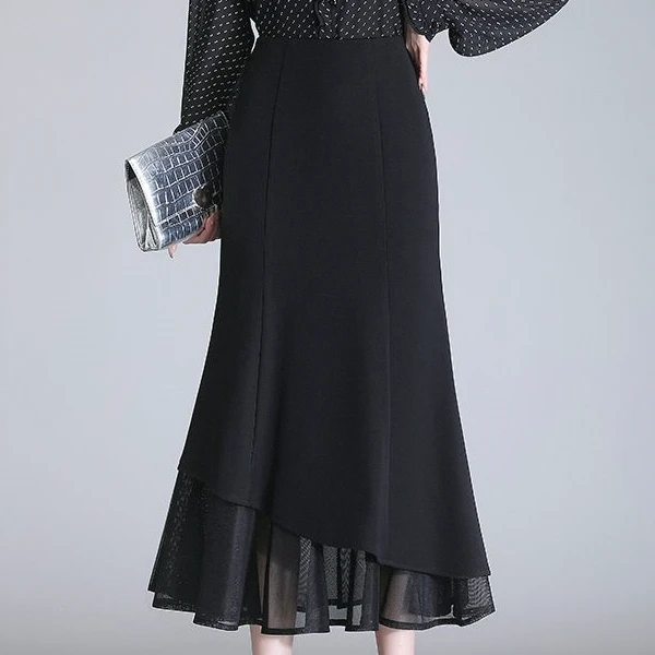 黑色鱼尾裙半身裙女春秋2025款网纱拼接垂感高腰a字包臀裙长裙