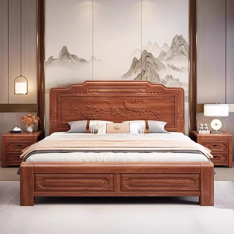 中式实木床家用双人床1.8米榫卯结构古典雕花全实木床工厂直销